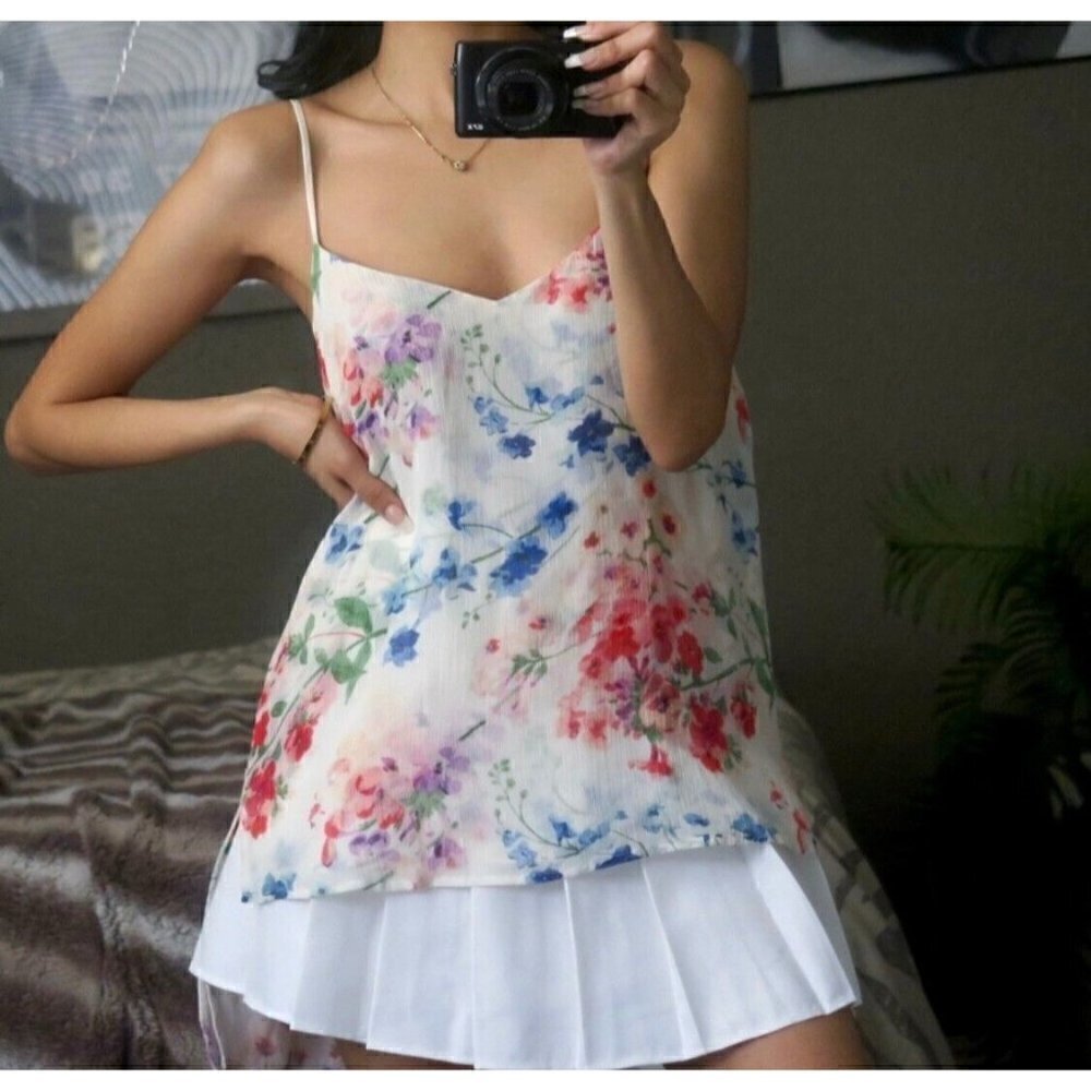 Theory Sz S 100% SILK Floral Print V Neck Tank Too Blouse High Low Hem Cami